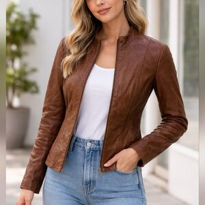 Danier Chestnut Brown Leather Zip-Front Jacket Women’s XS